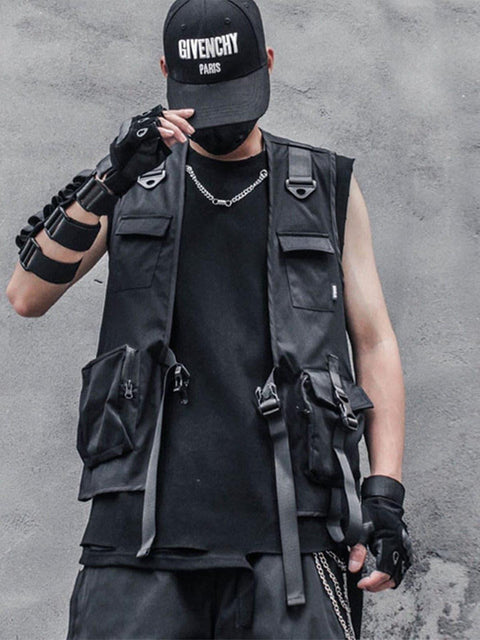 Function Dark Ninja Ribbons Pockets Cardigan Vest - Anagoc