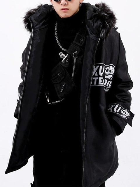 Dark Skeleton Print Winter Coat - Anagoc