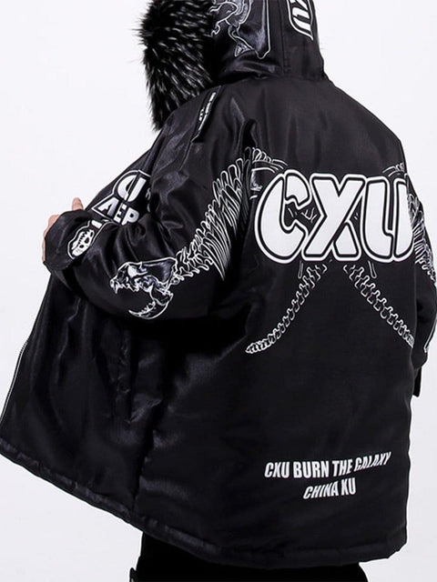 Dark Skeleton Print Winter Coat - Anagoc