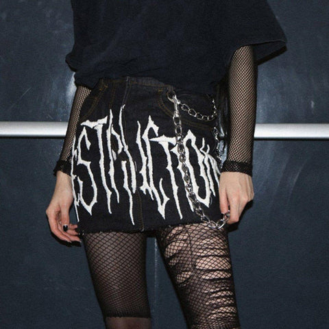 Dark Punk Print Chain Denim Skirt - Anagoc