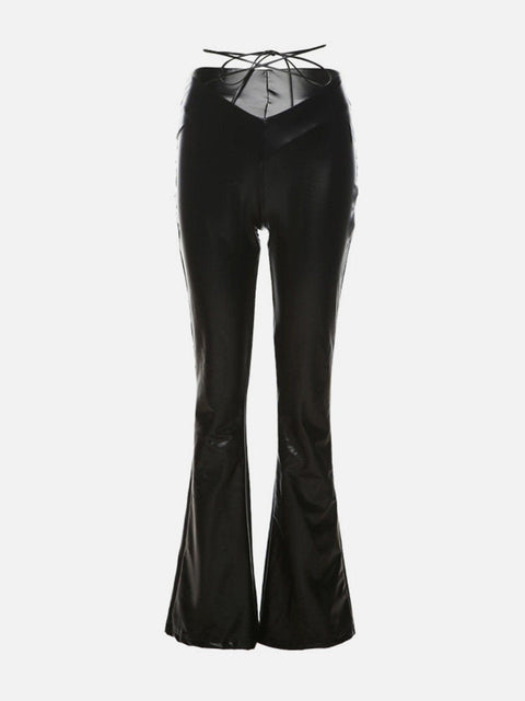 Wide-Leg Strap Slim Fit PU Leather Pant - Anagoc