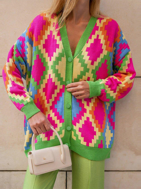 Pixel Plaid Cardigan Sweater - Anagoc