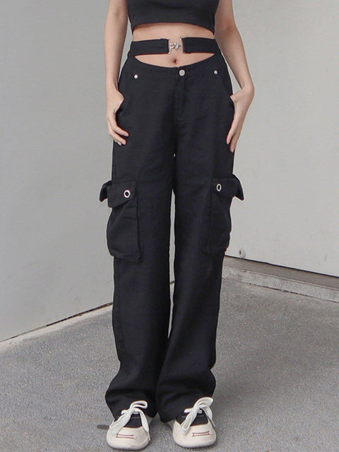 Hollowout Metal Buckle Cargo Pants - Anagoc