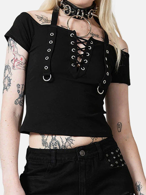 Straps Halter Neck Short Sleeve T Shirt - Anagoc