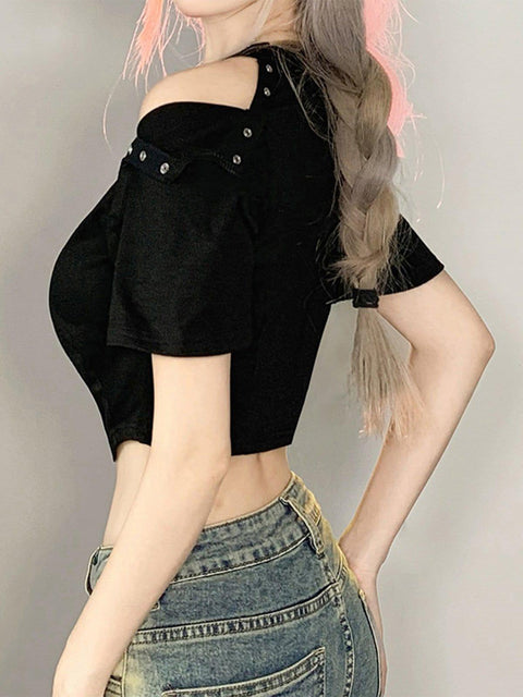 Hidden Buckle Butterfly Short Sleeve T Shirt - Anagoc