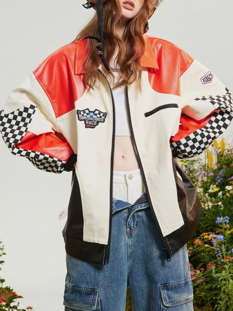 Contrasting Checkerboard Motosports Jacket - Anagoc