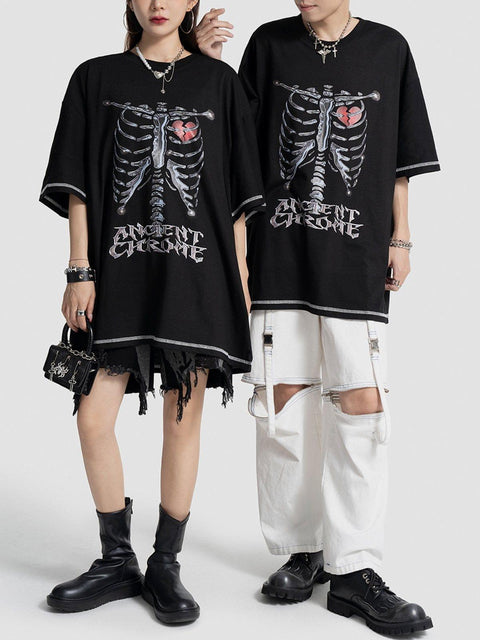 Skeleton Broken Heart Print Tee - Anagoc