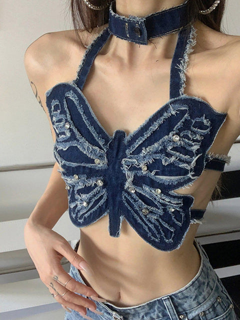 Denim Distressed Butterfly Suspender Vest - Anagoc