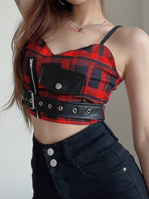 PU Buckle Patchwork Plaid Vest - Anagoc