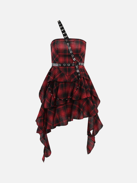 Plaid Irregular Dress - Anagoc