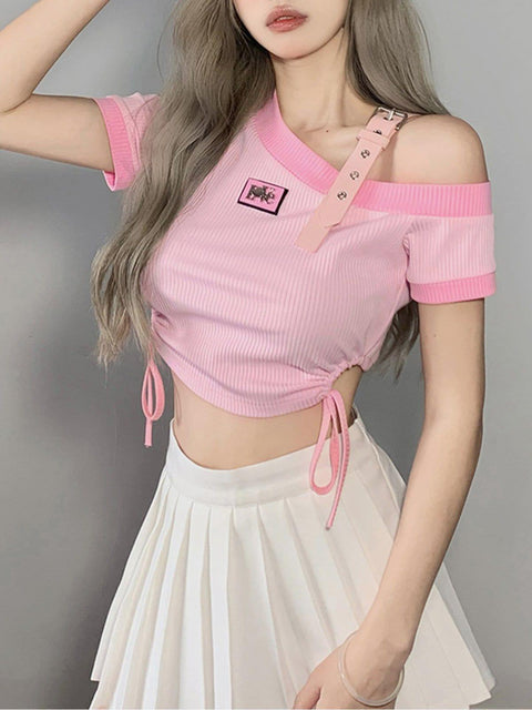 Irregular Shoulder Strap Short Sleeve T Shirt - Anagoc