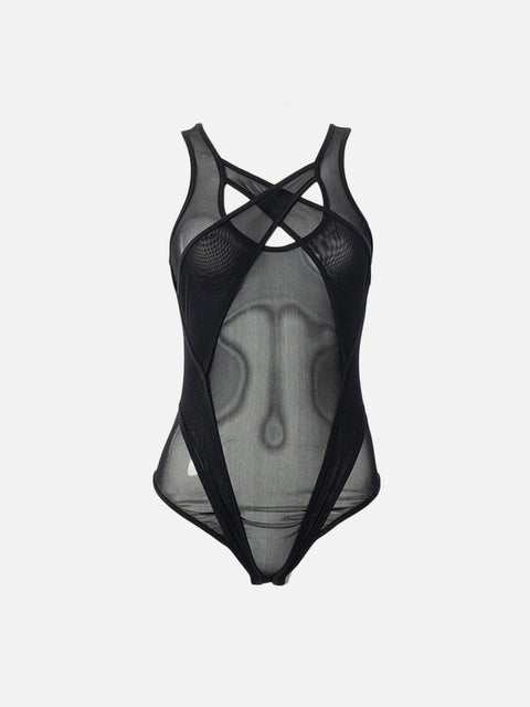 Cross Wrap Mesh Perspective Jumpsuit - Anagoc