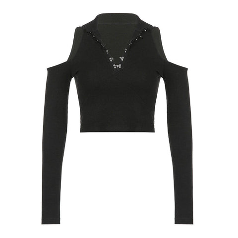 Sexy Off The Shoulder Metal Button Long Sleeve T Shirt - Anagoc