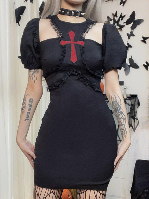 Appliqué Crucifix Lace Dress - Anagoc