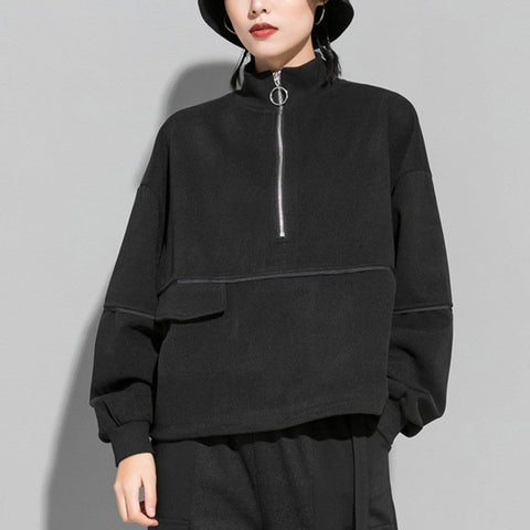 Dark Half Zipper Drawstring Sweatshirt - Anagoc