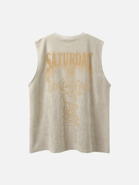 Necklace Cross Print Suede Vest - Anagoc