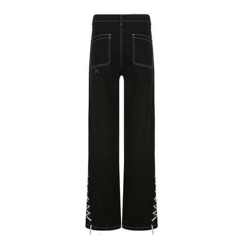 Lace Ribbons Straight Jeans - Anagoc