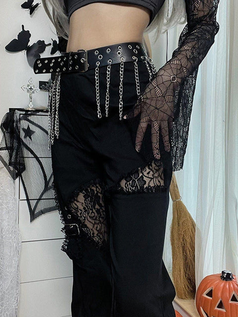 Hole Lace Patchwork Flared Pant - Anagoc