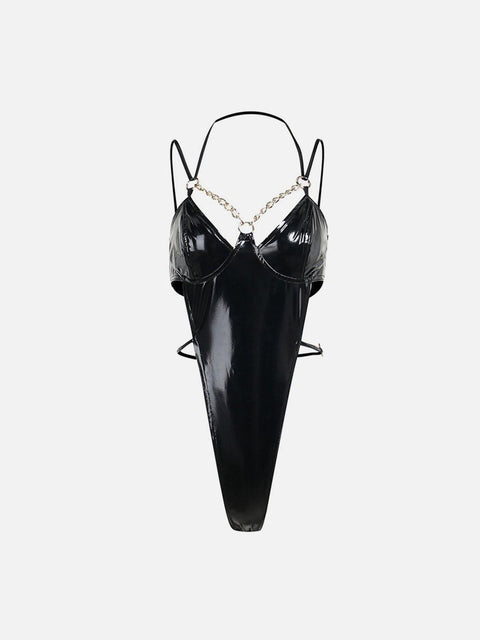 Dark Chain Strap PU Jumpsuit - Anagoc