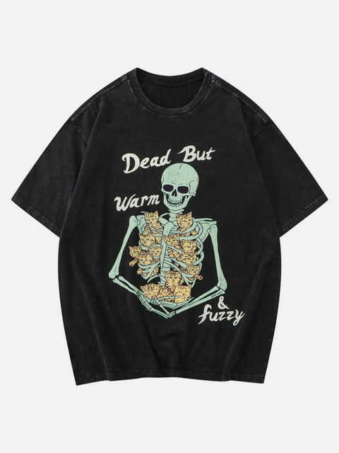 Retro Skull Cat Graphic Tee - Anagoc