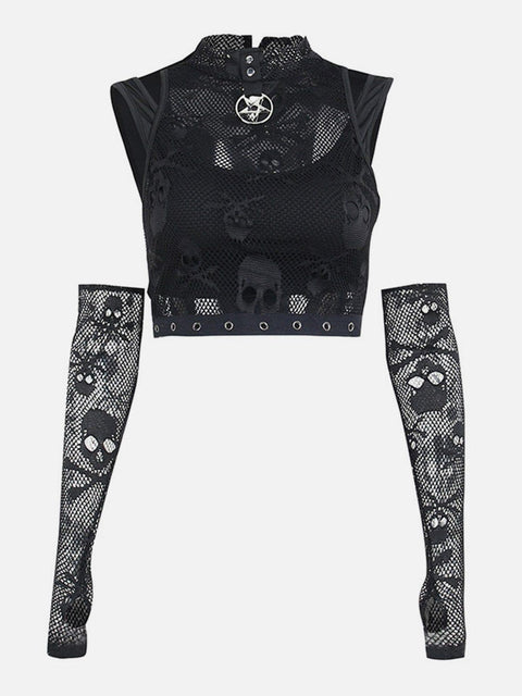 Skull Mesh Lace Cuff Shirt - Anagoc