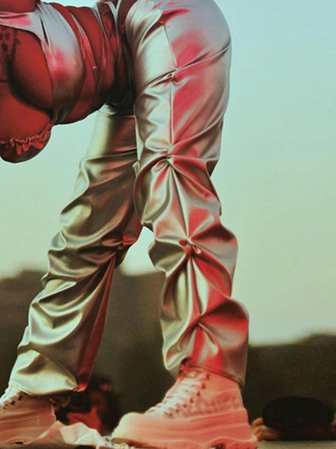 Technological Silver Pleated PU Pants - Anagoc