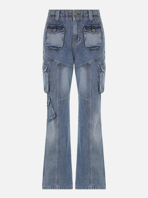 Asymmetrical Pockets Washed Jeans - Anagoc
