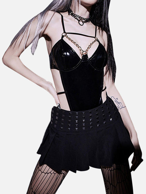Dark Chain Strap PU Jumpsuit - Anagoc