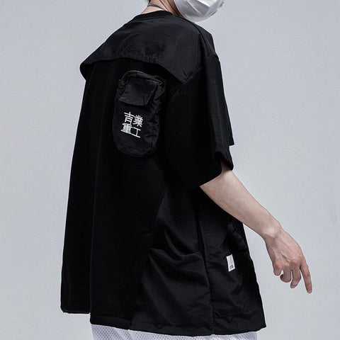 Fake Two Zipper Embroidery Decorative Pocket Tee - Anagoc