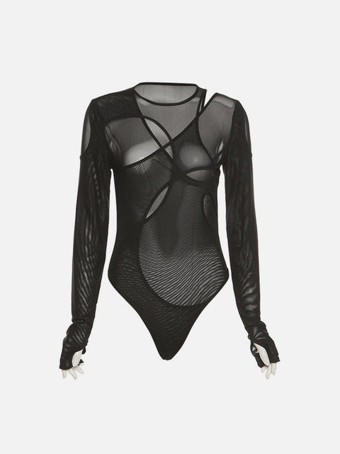 Fake Two Mesh Perspective Jumpsuit - Anagoc