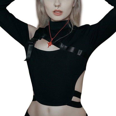 Dark Sexy Hollow Buckle Crop T Shirt - Anagoc