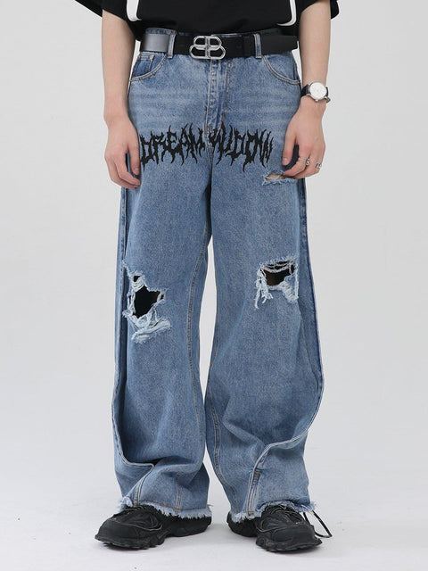 Gothic Alphabet Hole Jeans - Anagoc