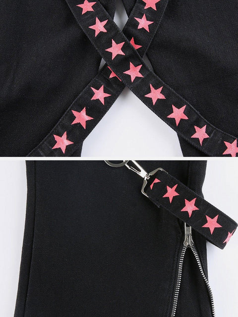 Dark Star Ribbon Zip Wide-Leg Pants - Anagoc