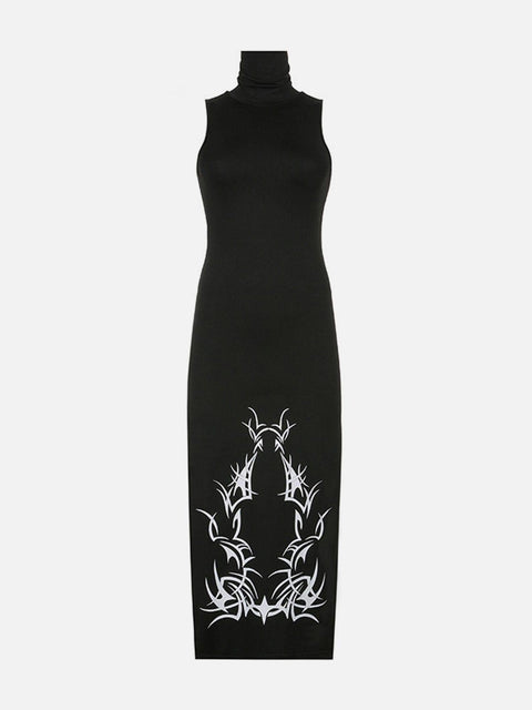 Dark Turtleneck Slit Long Dress - Anagoc