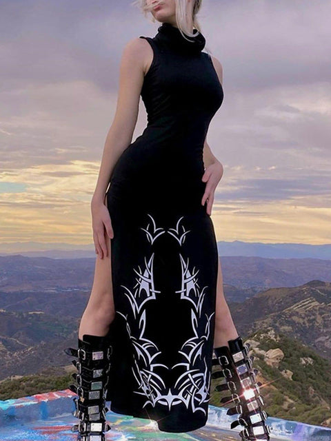 Dark Turtleneck Slit Long Dress - Anagoc