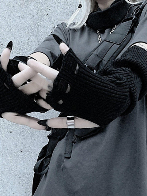 Dark Knit Slit Half-Sleeve Gloves - Anagoc