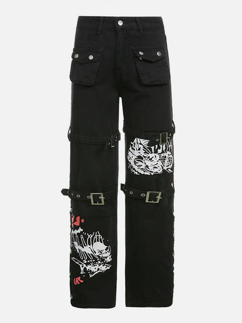 Graffiti Ribbon Straight Pants - Anagoc
