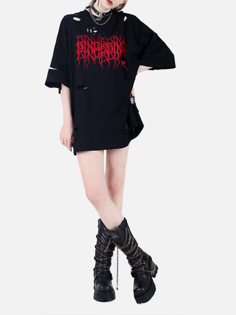 Irregular Hole Thorn Letters Tee - Anagoc