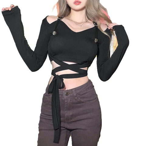 Navel Lace Up Long Sleeve Shirt - Anagoc