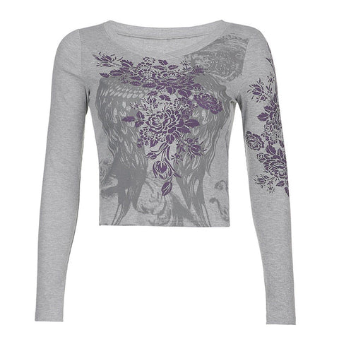 Rose Wings Graphic Long Sleeve T Shirt - Anagoc