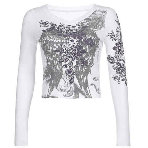 Rose Wings Graphic Long Sleeve T Shirt - Anagoc