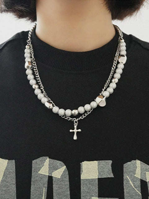Personalized Pearl Cross Double Necklace - Anagoc