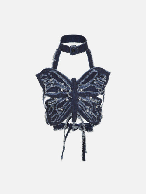 Denim Distressed Butterfly Suspender Vest - Anagoc