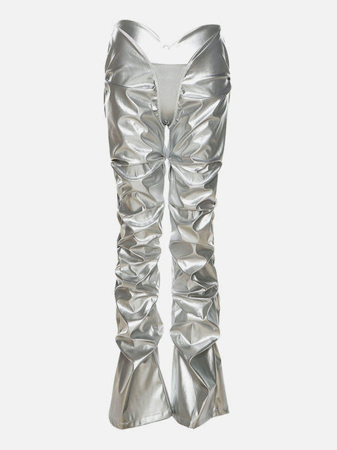 Technological Silver Pleated PU Pants - Anagoc