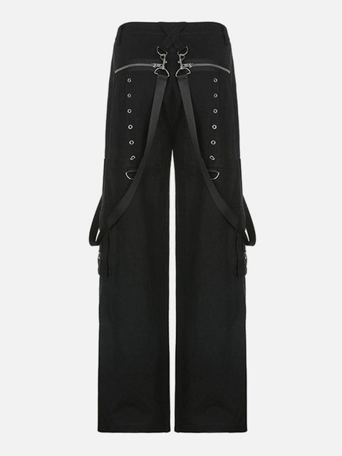 Dark Print Rivet Ribbons Pants - Anagoc