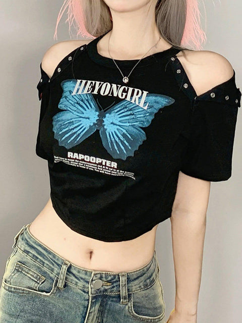 Hidden Buckle Butterfly Short Sleeve T Shirt - Anagoc
