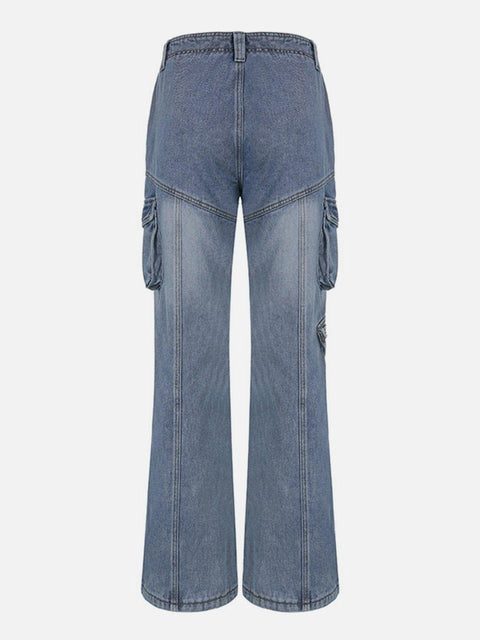 Asymmetrical Pockets Washed Jeans - Anagoc