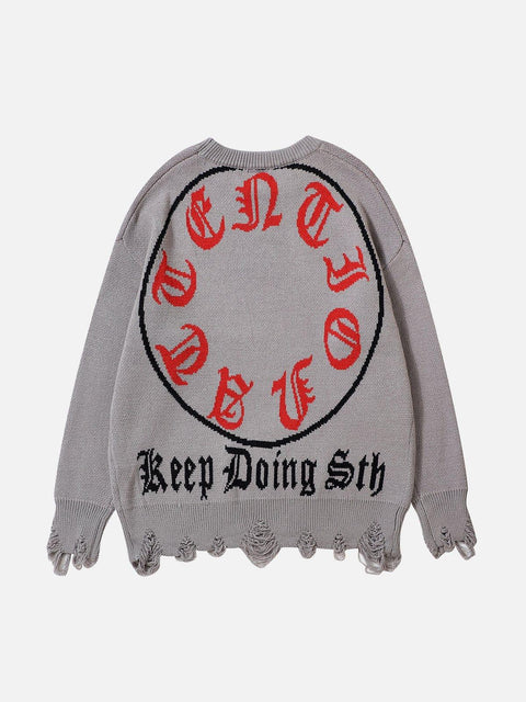 Letters Ripper Hole Sweater - Anagoc