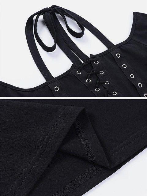 Straps Halter Neck Short Sleeve T Shirt - Anagoc