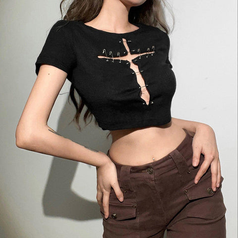 Cross Hollow Out Pins Short Sleeve T Shirt - Anagoc